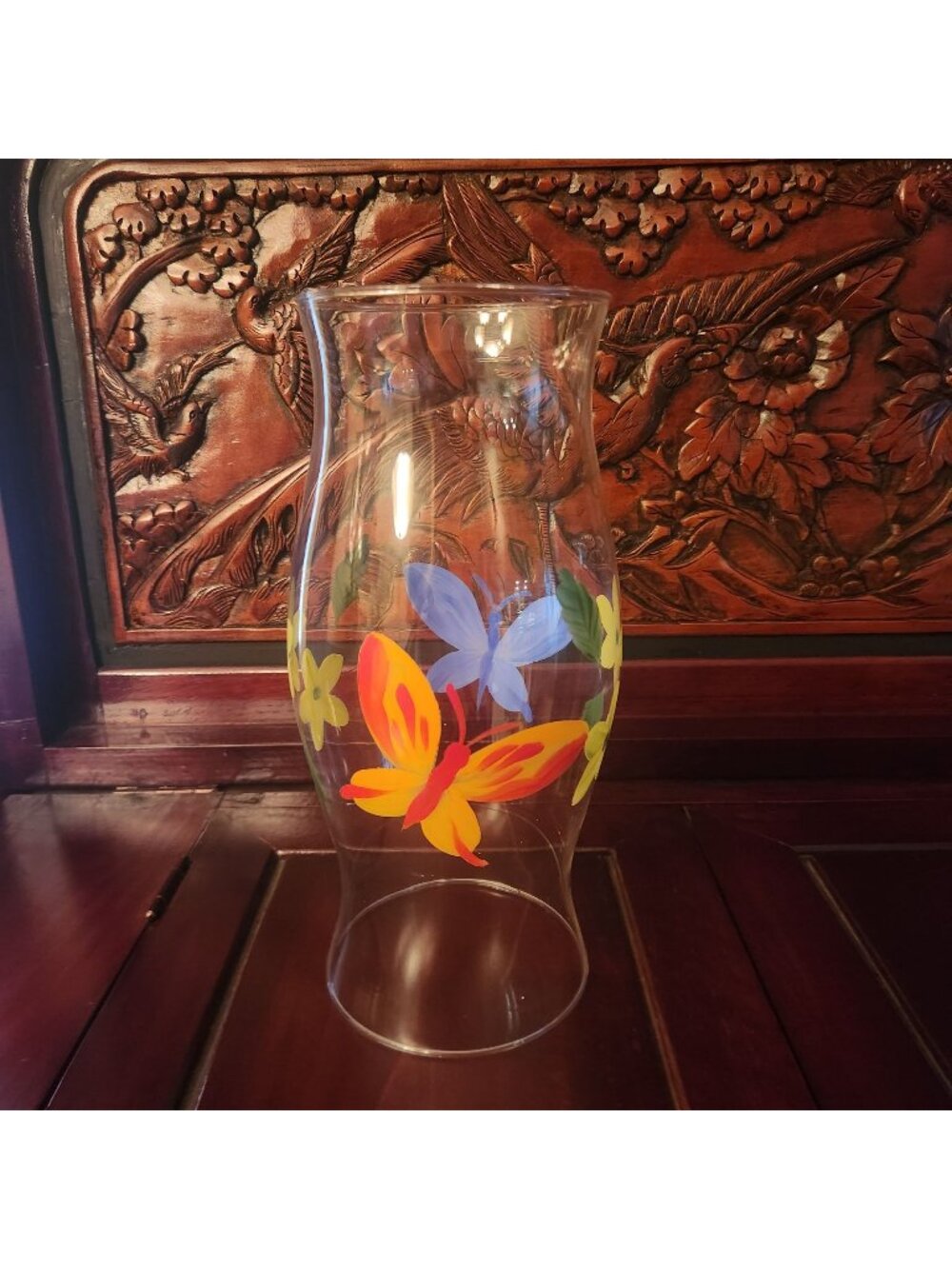 Hand Painted Glass Hurricane Candle Holder with Butterflies & Flowers 11" H